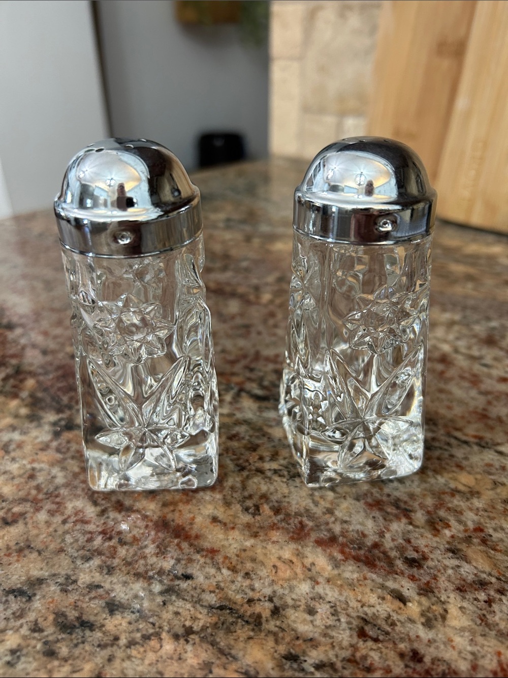 Vintage Clear Cut Glass Salt and Pepper Shakers with Silver Tops